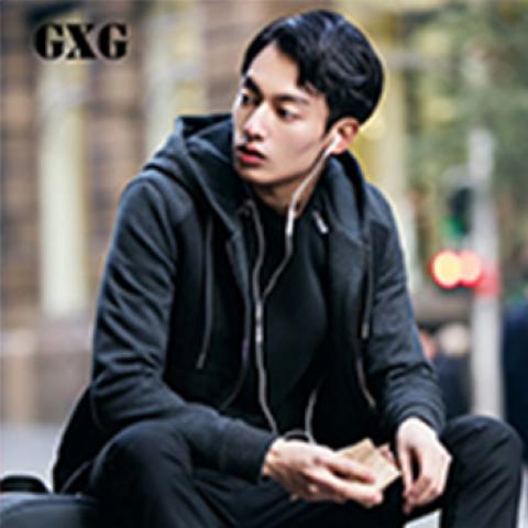 GXG男裝 秋季新品韓版修身灰色休閑長(zhǎng)袖衛(wèi)衣男連帽外套